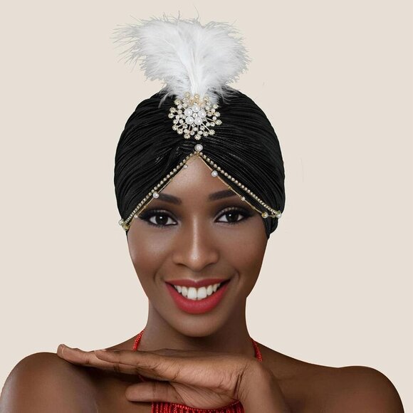 Women Rhinestone Turban Cap Pearl Feather Beanie Vintage Head Cover Hat - Picture 2 of 7